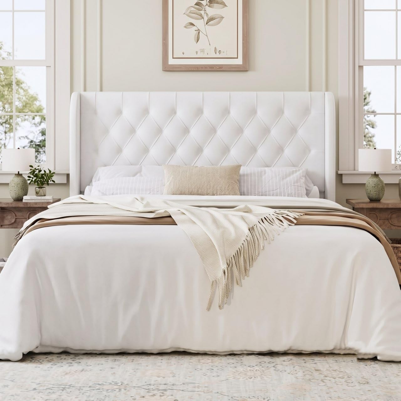 HOMBCK Full Size Bed Frame with Headboard, Upholstered Platform Bed, White | Velvet Tufted Curved Wingback/Wooden Slats Support/No Box Spring Needed/Noise-Free/Easy Assembly