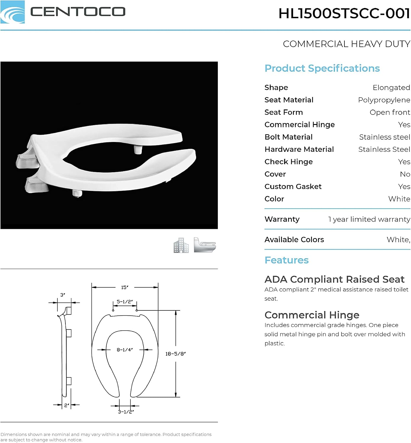 Centoco 3 inch Raised Toilet Seat for Seniors, Elongated, Open Front, White | Plastic, No Cover, 3L1500STSCC-001, Made in the USA