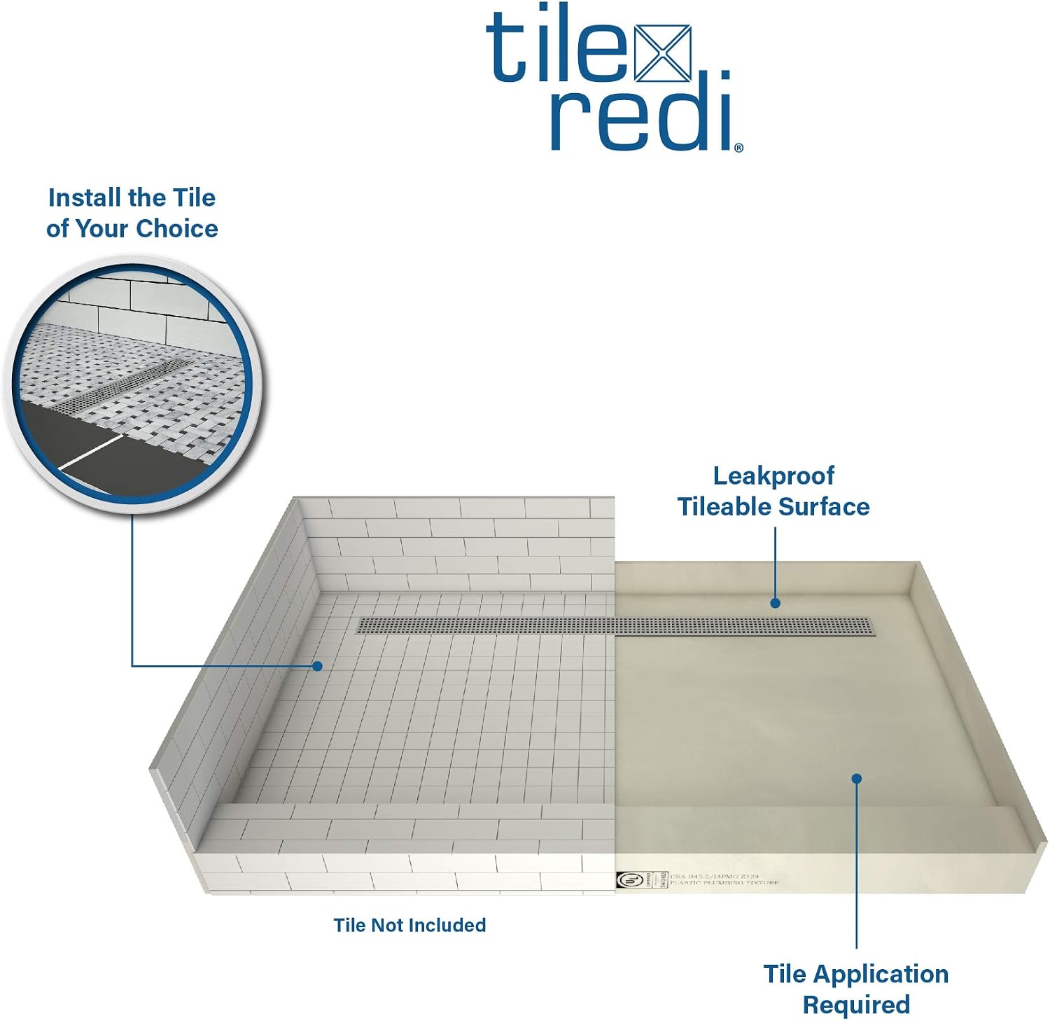 Tile Redi RT3460L-PVC-SQBN Shower Pan, 60" x 34" | Left Drain, Single Curb, 2" PVC Drain Included, Grate Included