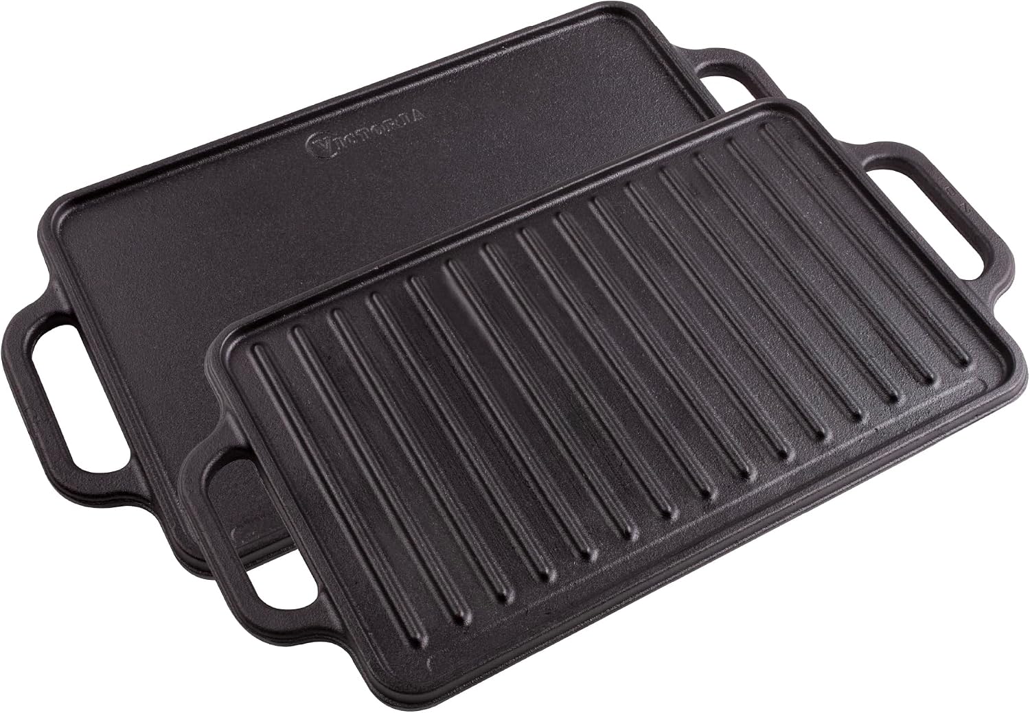 Victoria Rectangular Cast Iron Griddle. Double Burner Griddle, Reversible Grill, 13 x 8.5 Inch, Seasoned with 100% Kosher Certified Non-GMO Flaxseed Oil, Model: GDL-189