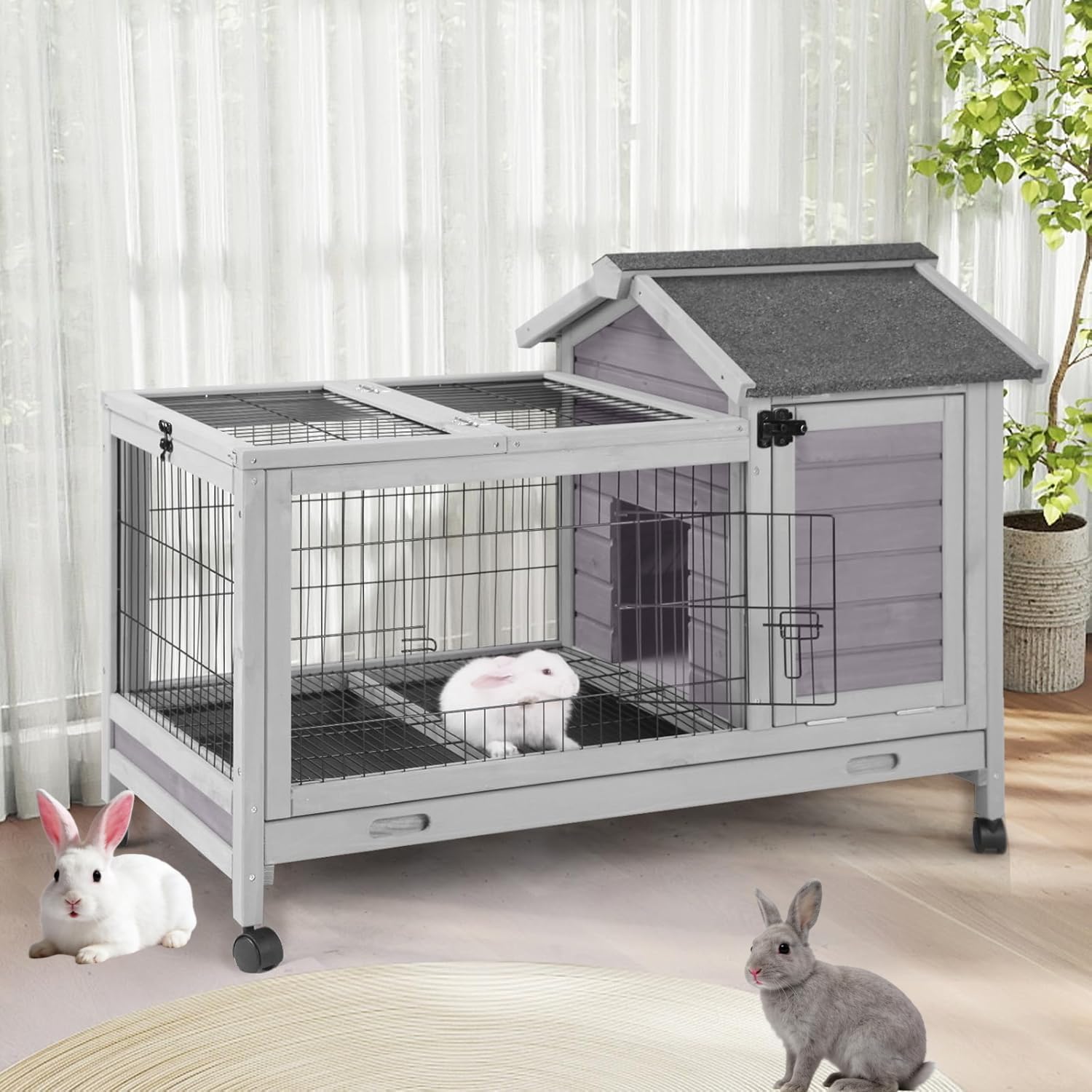 Outdoor Rabbit Hutch Indoor Bunny on Wheels Large Guinea Pig Cage with Run for Any Small Animals,Removable Pull Out Tray