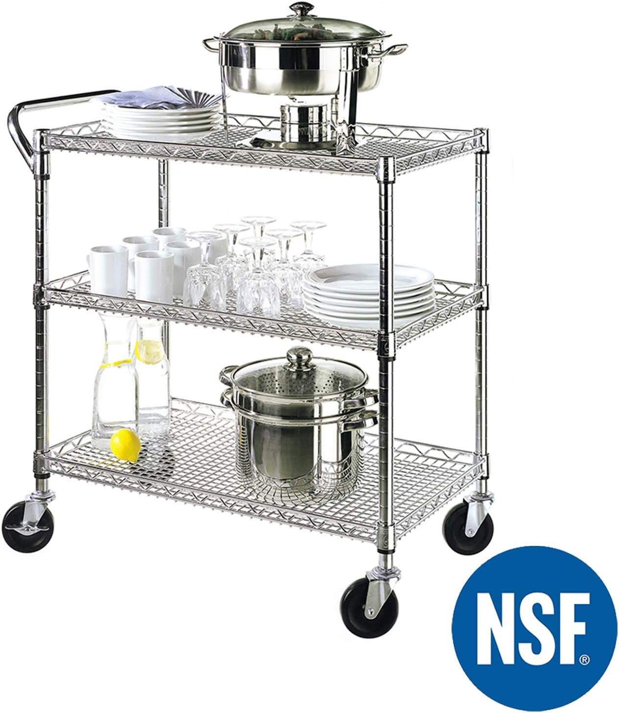 Seville Classics UltraDurable NSF Commercial Heavy Duty Metal Rolling Utility Cart, w/ Steel Shelves, Handle Bar for Restaurant, Garage, Warehouse, Kitchen, Office, Top Shelf (36"W x 18"D)