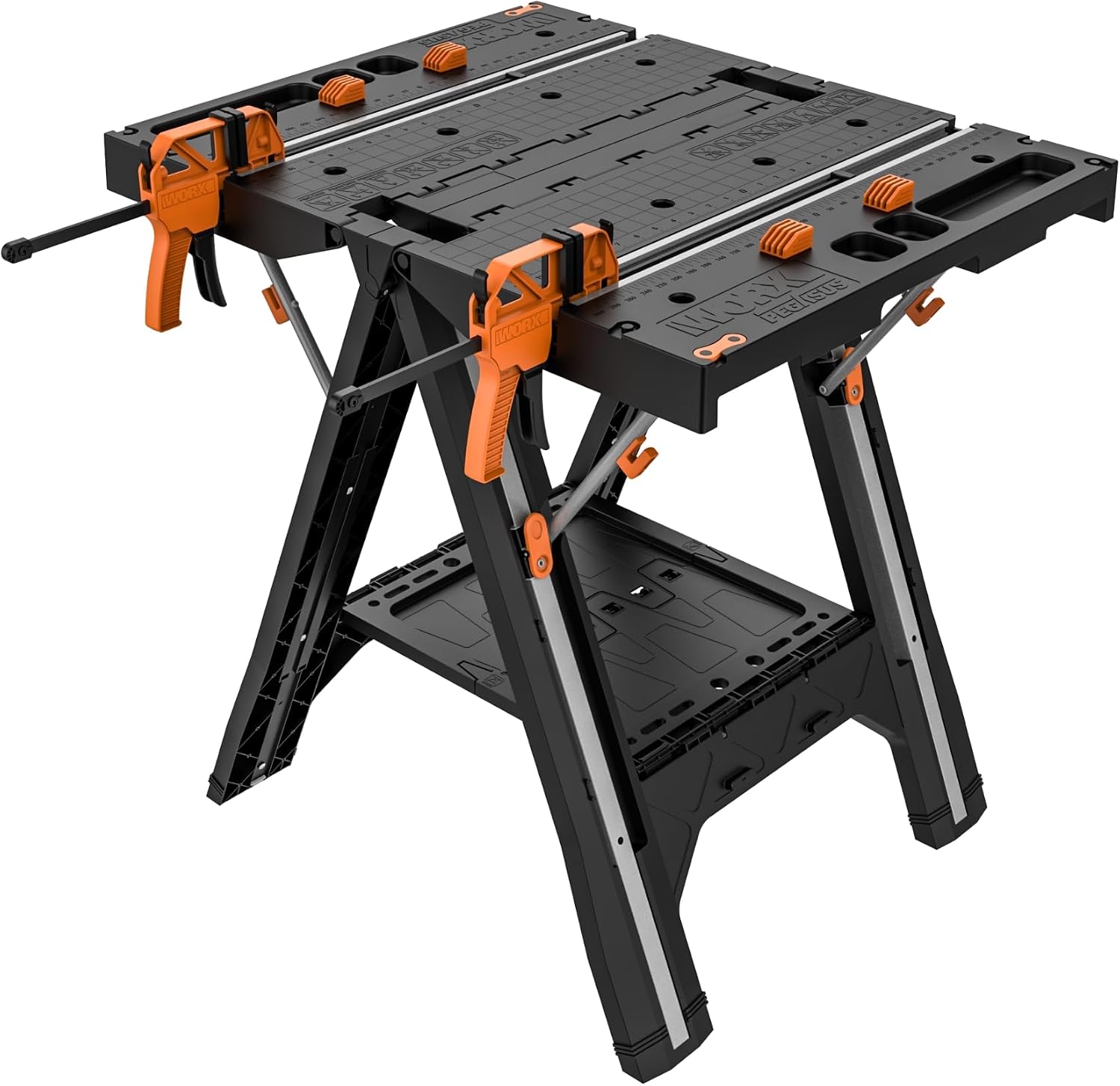WORX Portable Folding Workbench, 2-in-1 Pegasus Table & Sawhorse, WX051 | 31"×25"×32" dimension, heavy load capacity, fast setup, includes 2 clamps & 4 clamp dogs, lightweight portable design