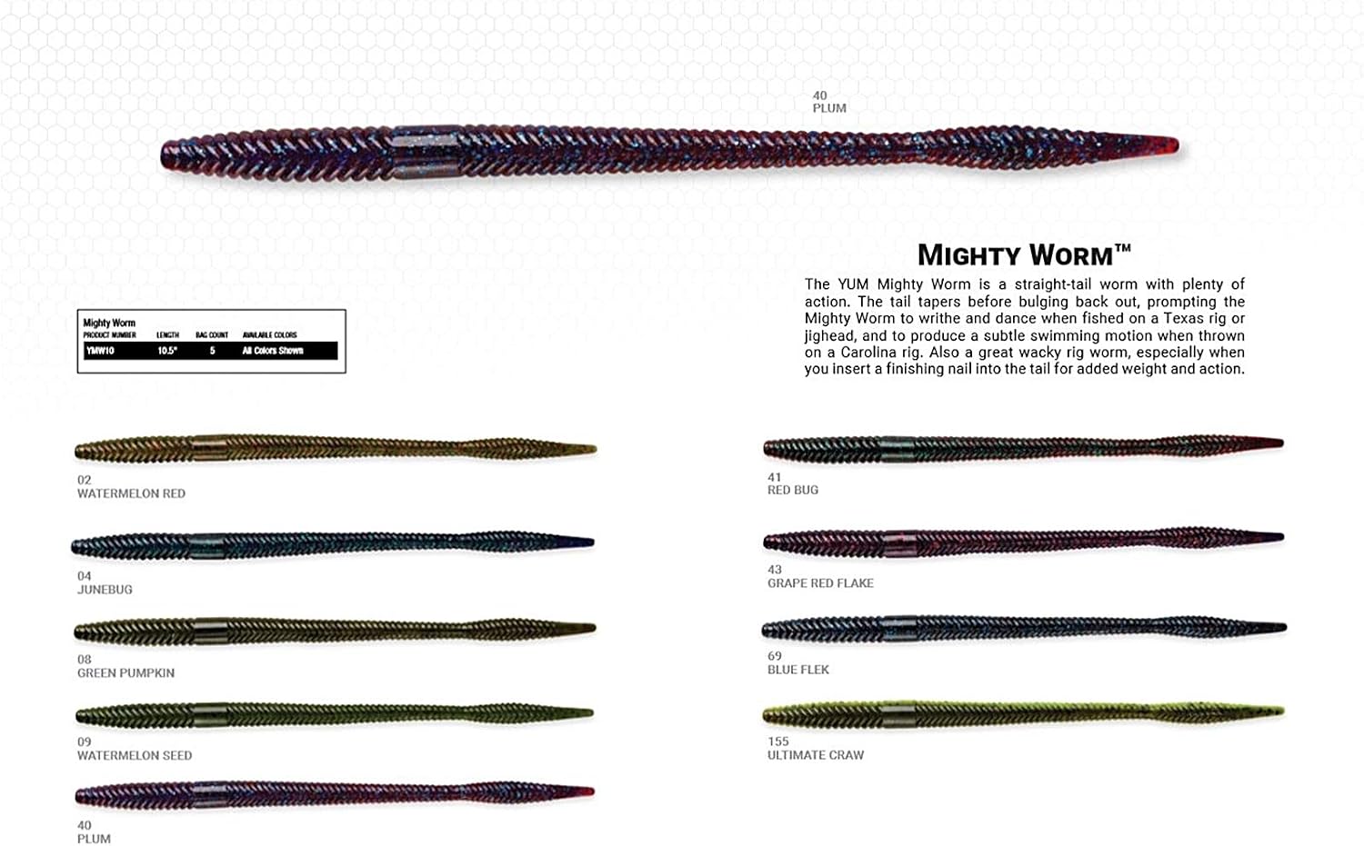 YUM Mighty Worm Straight-Tail Soft Plastic Bait Fishing Lure, 10.5 Inch Length, 5 per Pack