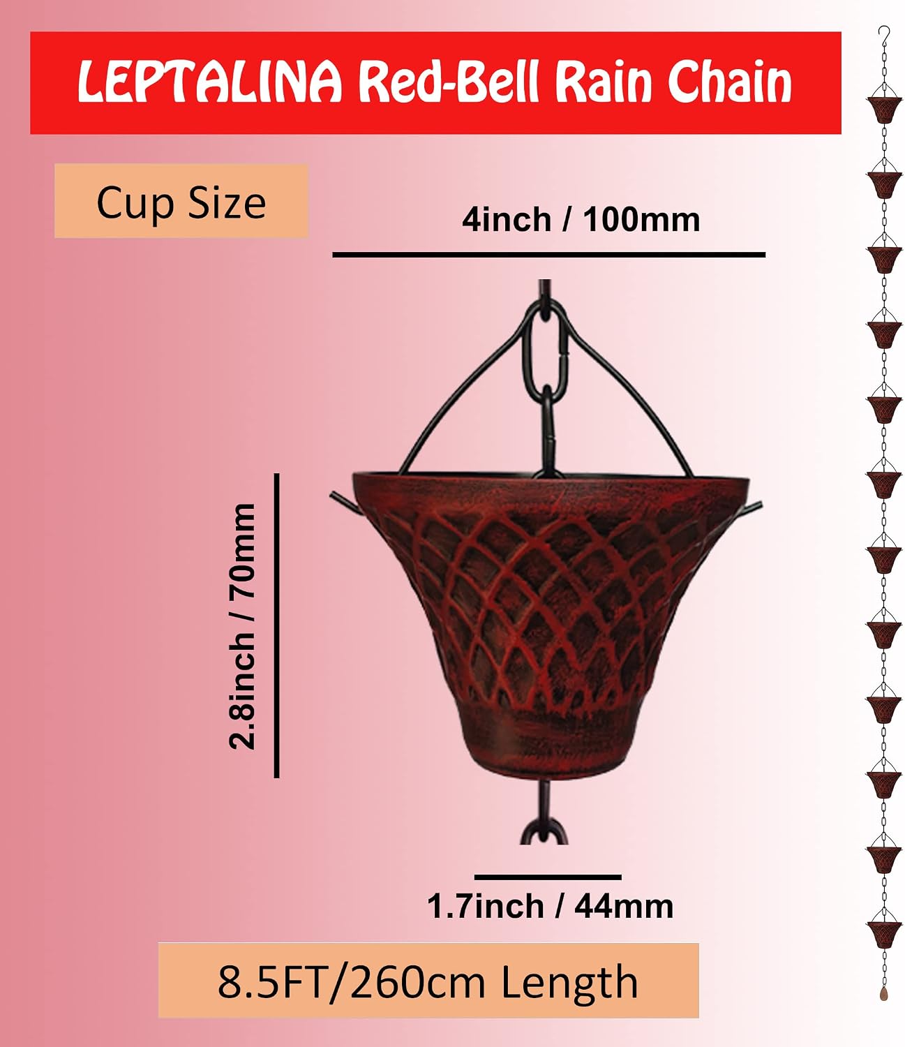 8.5FT Bell Iron Rain Chain for Gutters and Rain Barrel+Adapter, Blue
