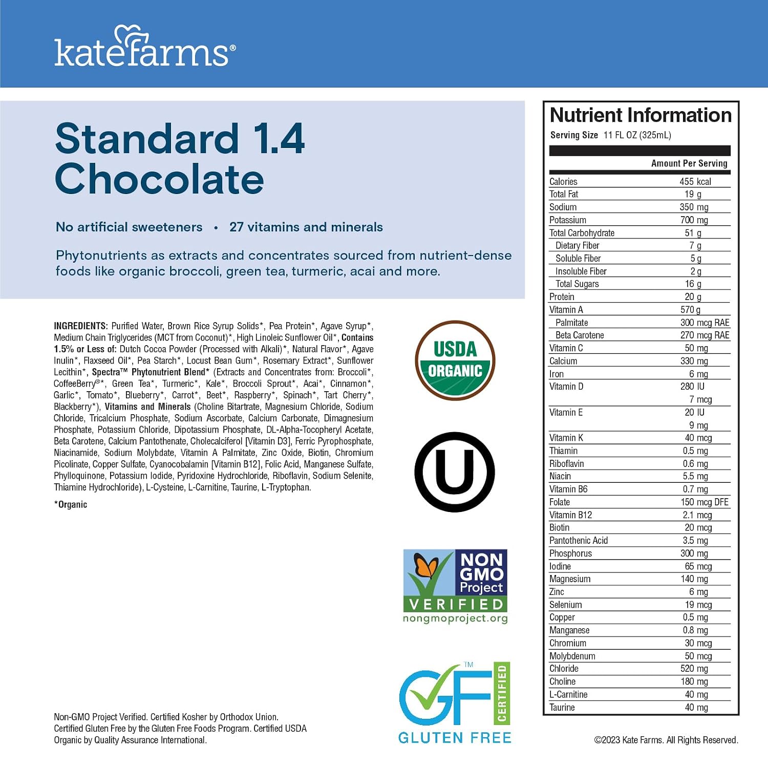 KATE FARMS Organic 1.4 High Calorie Shake, Plain, 20g Protein, 12 Pack