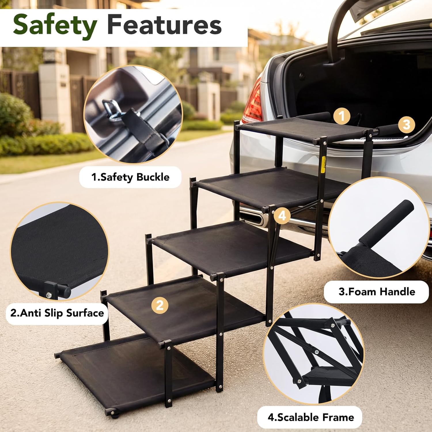 Dog Ramp for Car, Foldable 5-Step Dog Stairs for Small Dogs, 150 Lbs | Non-Slip Oxford Surface, Sturdy Steel Frame, Anti-Scratch Handle