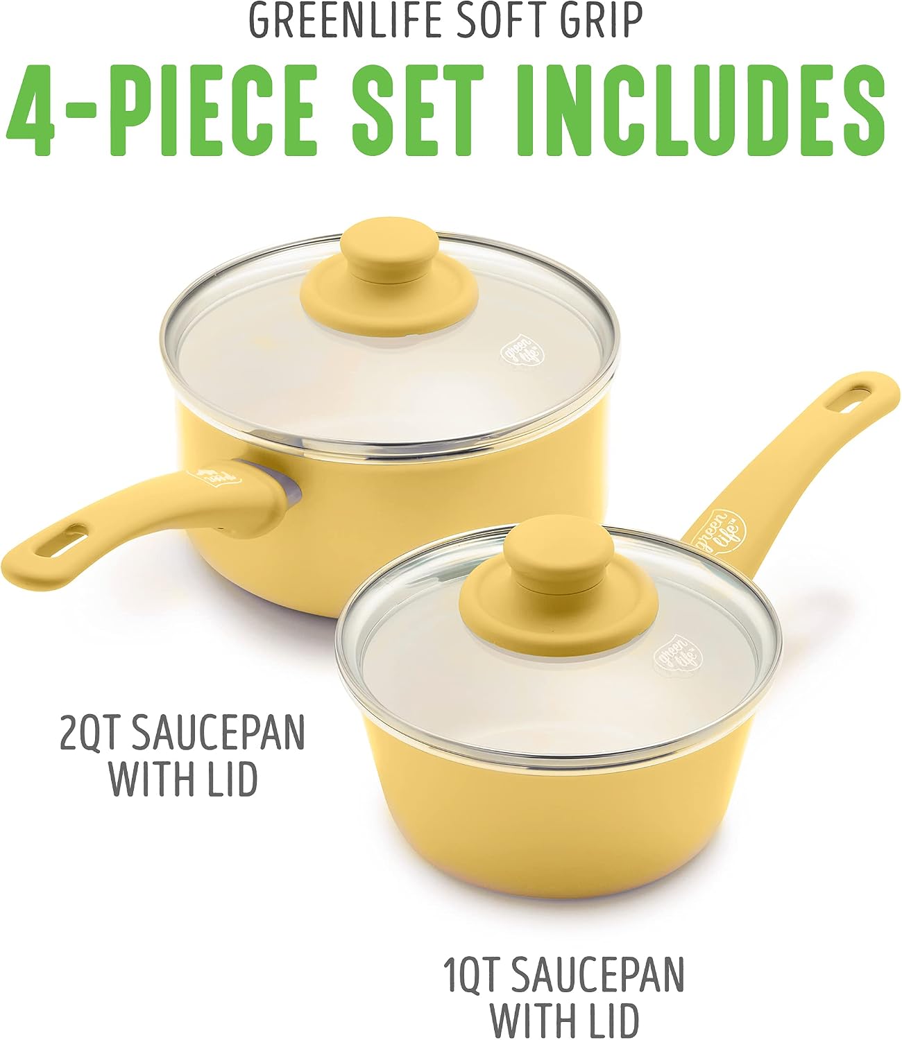 GreenLife Soft Grip 1QT and 2QT Saucepan Set, Healthy Ceramic Nonstick, Non Toxic PFAS & PFOA-Free, Dishwasher Safe, Glass Lids, Stay-Cool Handles, Easy Clean Cookware, Kitchen Essentials, Turquoise