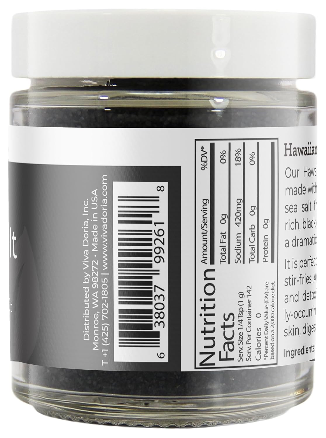 Viva Doria Hawaiian Black Lava Sea Salt, Fine Grain, Lava Salt, 5 Oz Glass Jar