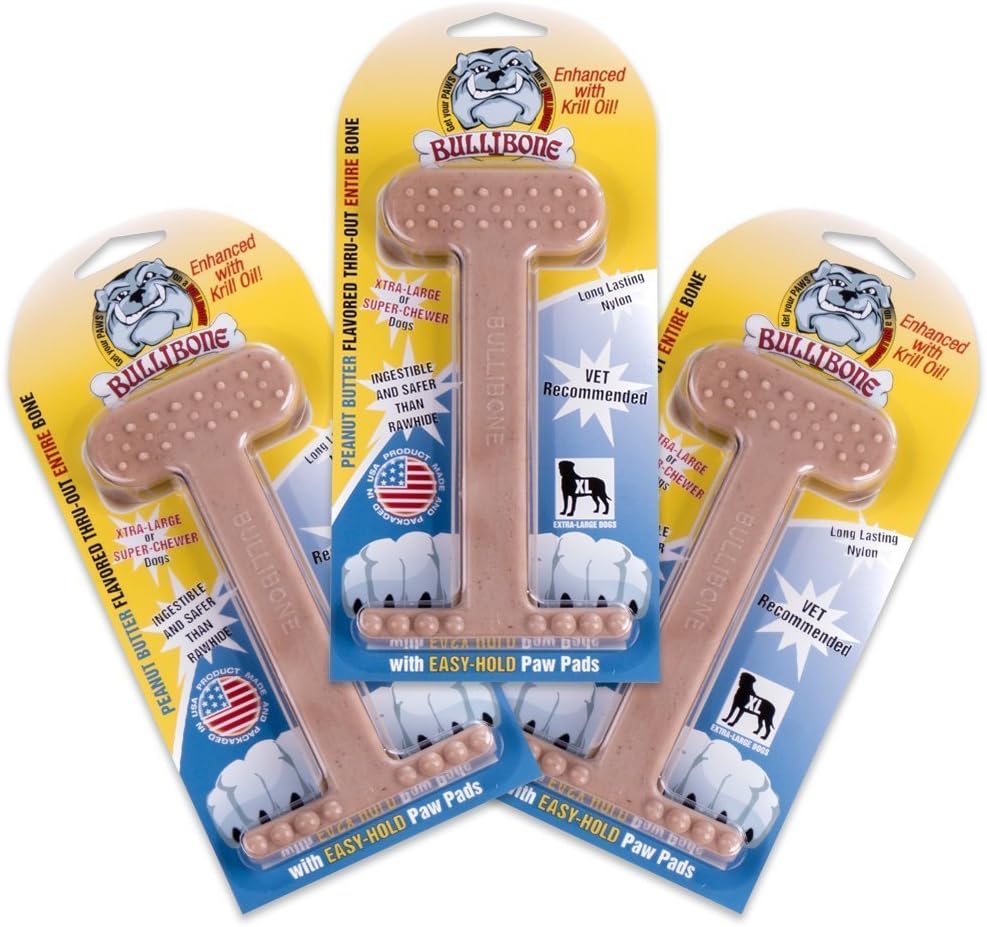 Bullibone Nylon Dog Chew Toy for Aggressive Chewers - Dental Hygiene Bone with Beef Flavor, Durable Tough Chew Toys for Small Dogs, Indestructible Dog Bone - 3 Pack