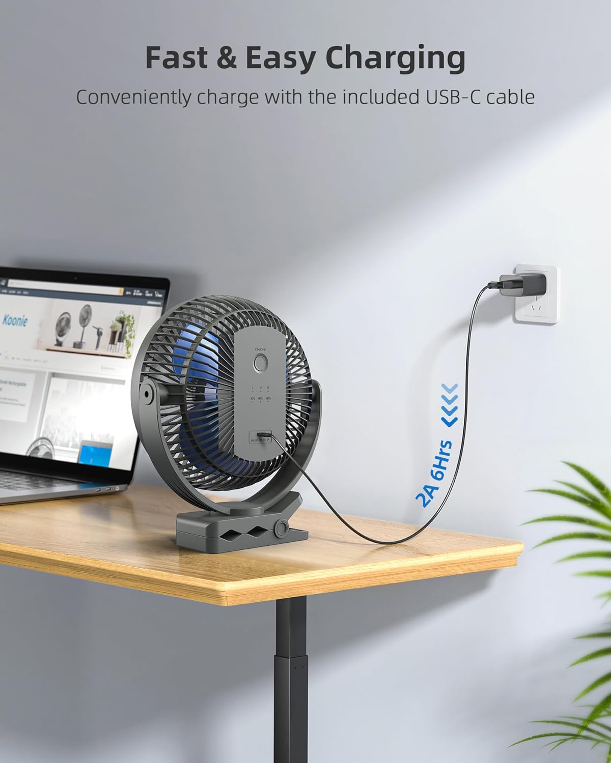 Koonie 8" Clip on Fan, 10000mAh Rechargeable Battery, Strong Airflow, Black