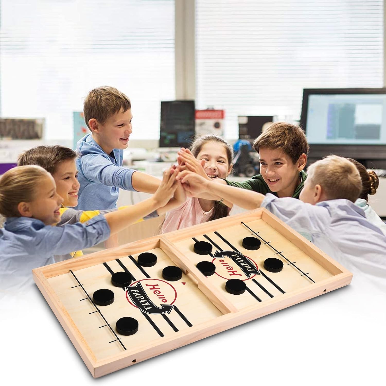HELLO PAPAYA Fast Sling Puck Game - Test Your Speed and Accuracy with This Fast-Paced Wooden Air Hockey Desktop Battle Board Game - Guaranteed Fun