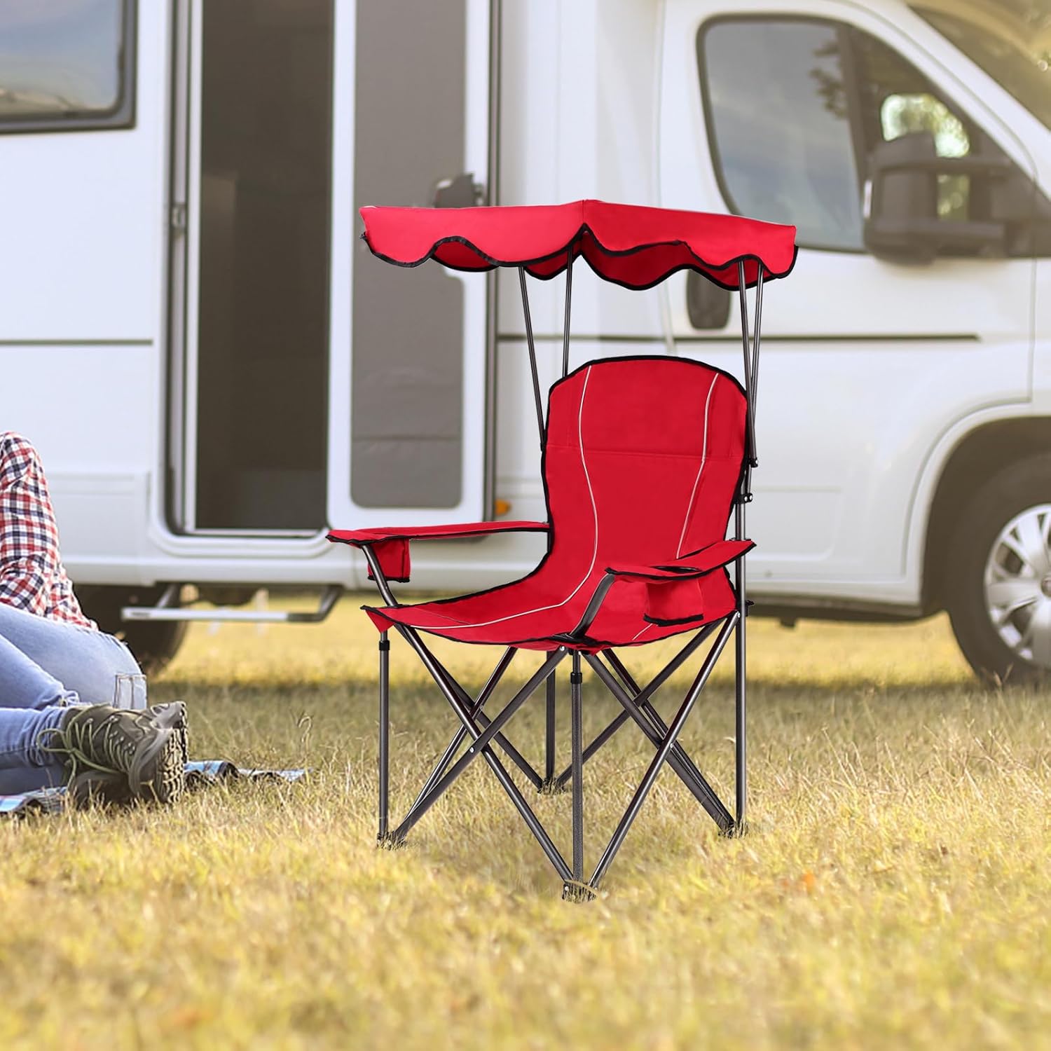 Goplus Camping Chair with Canopy Shade, Folding Lawn Chair with Umbrella Cup Holder & Carry Bag, Portable Sunshade Chair for Adults for Beach Outdoor Travel Hiking Fishing (Red)