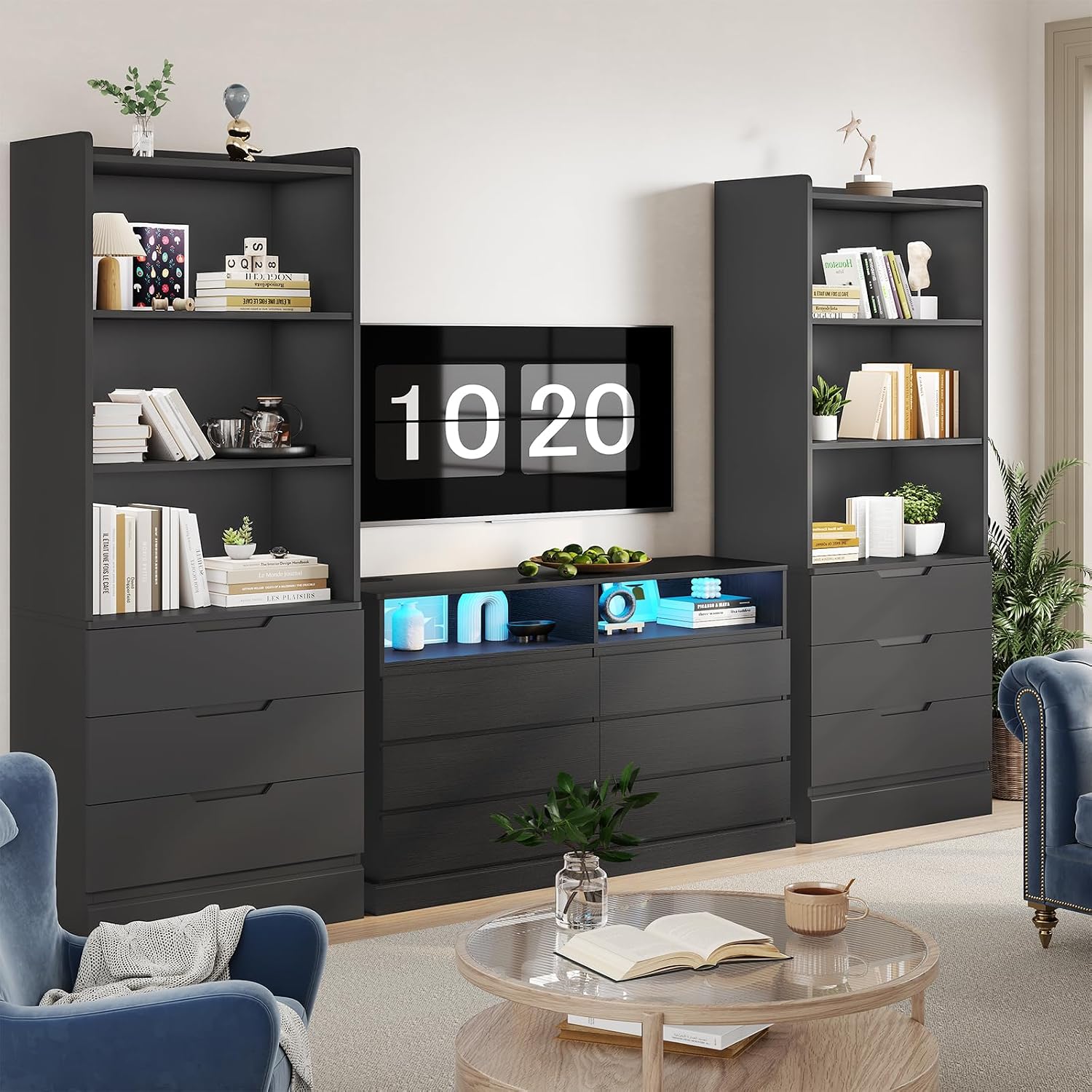 DICTAC 73.23'' Tall Storage Cabinet Bookcase with 3 Drawers and 3-Tier Open Shelves Wooden Bookshelf Kitchen Pantry Storage Organizer Cabinets for Living Room, Study, Kitchen,Bathroom,White