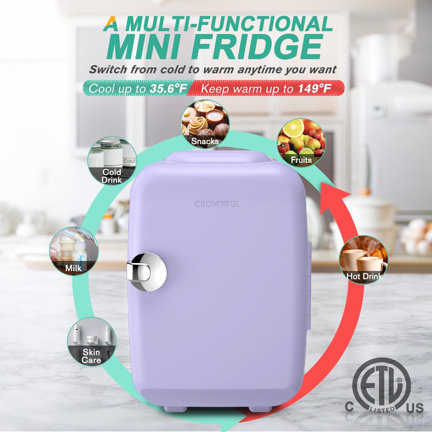CROWNFUL Mini Fridge, 4 Liter/6 Can Portable Cooler and Warmer Personal Refrigerator for Skin Care, Cosmetics, Beverage, Food, Great for Bedroom