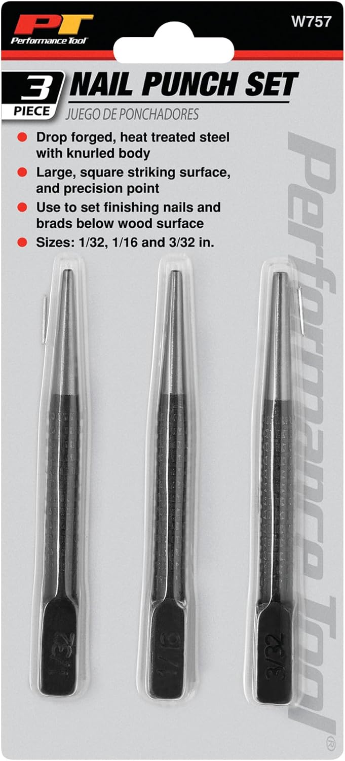 Performance Tool W758 5-Piece 8 in. Long Pin Punch Set | Carbon steel construction with hardened tips. Knurled handles for sure grip. Reaches deeply set pins