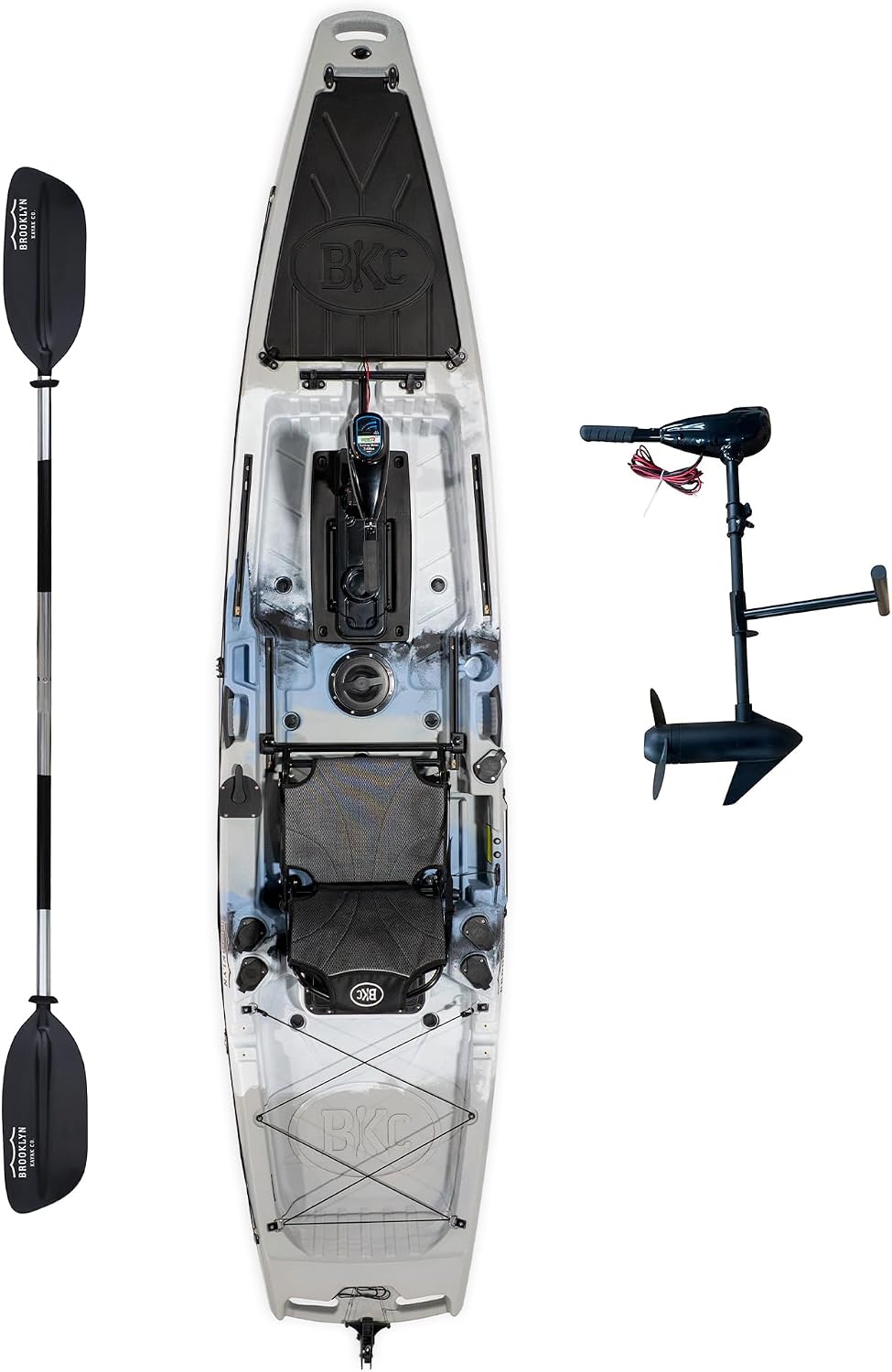 BKC Brooklyn 12.5 Pro Pedal Fishing Kayak, Propeller Drive | Hands-free propeller drive, rudder steering, 550 lb capacity, dry storage, rod holders, 12.5 ft sit-on-top hull