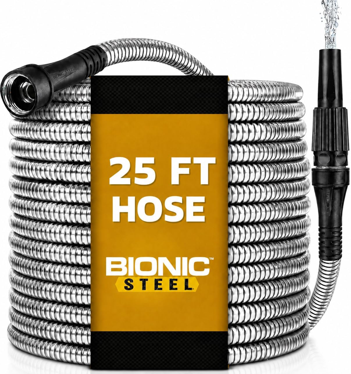 BIONIC STEEL 50 Ft Metal Garden Hose with Sprayer Nozzle | Non Kinking Design, Stainless Steel Heavy Duty Water Hose 50Ft x 5/8 in. Flexible & NON Expandable for Water Flow, 500 PSI