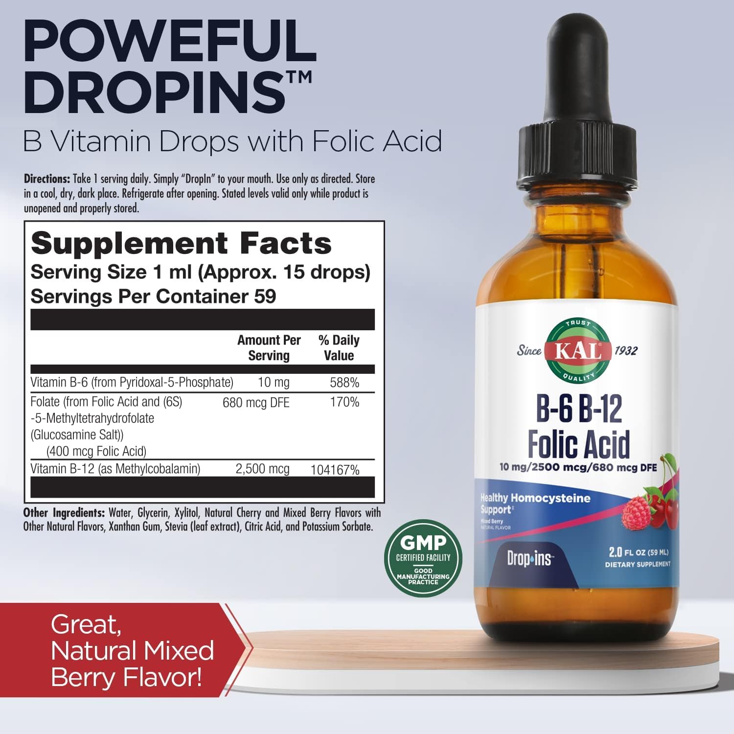KAL Vitamin B-6 B-12 Folic Acid DropIns, Liquid Vitamin B Supplement Drops, Heart Health, Energy, Red Blood Cell Support with Methyl B12 and Methyl Folate, Natural Mixed Berry Flavor, 59 Servings, 2oz | Cardiovascular, Energy & Nerve Support - Active P-5…