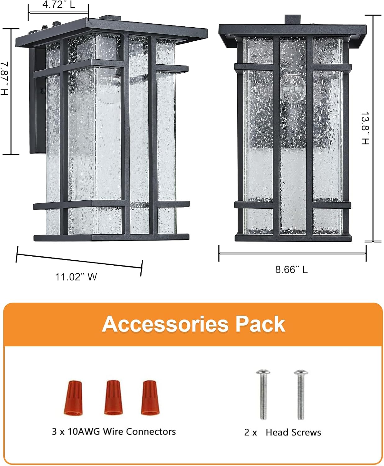 Rustic Dusk to Dawn Outdoor Wall Light Fixture 13.8"H Waterproof Exterior Wall Sconces Black Metal with Seeded Glass Sensor Outdoor Wall Lantern for