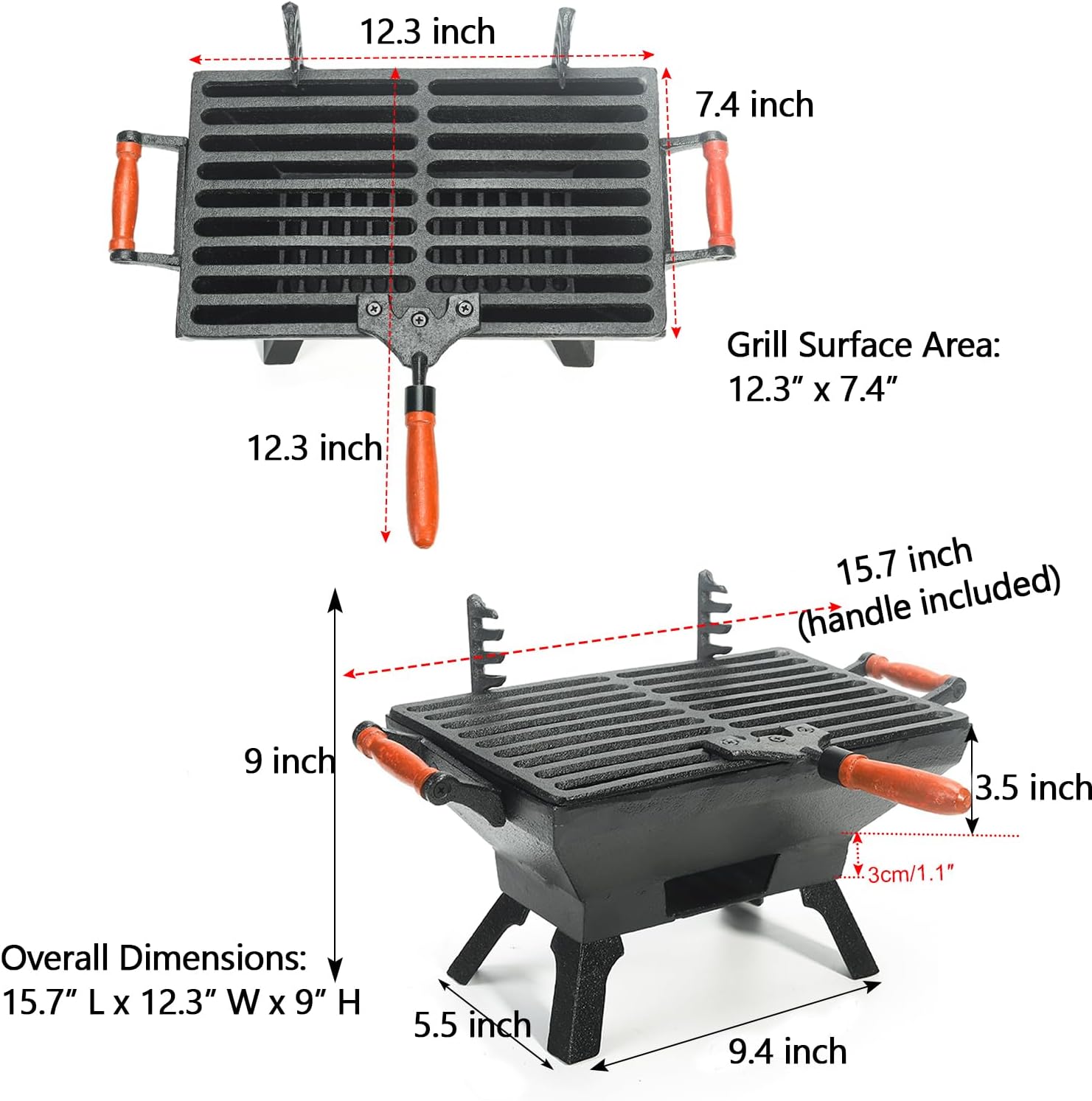 Sungmor Compact Cast Iron Charcoal Grill - Tabletop BBQ Grill with Adjustable Grate & Wooden Handles