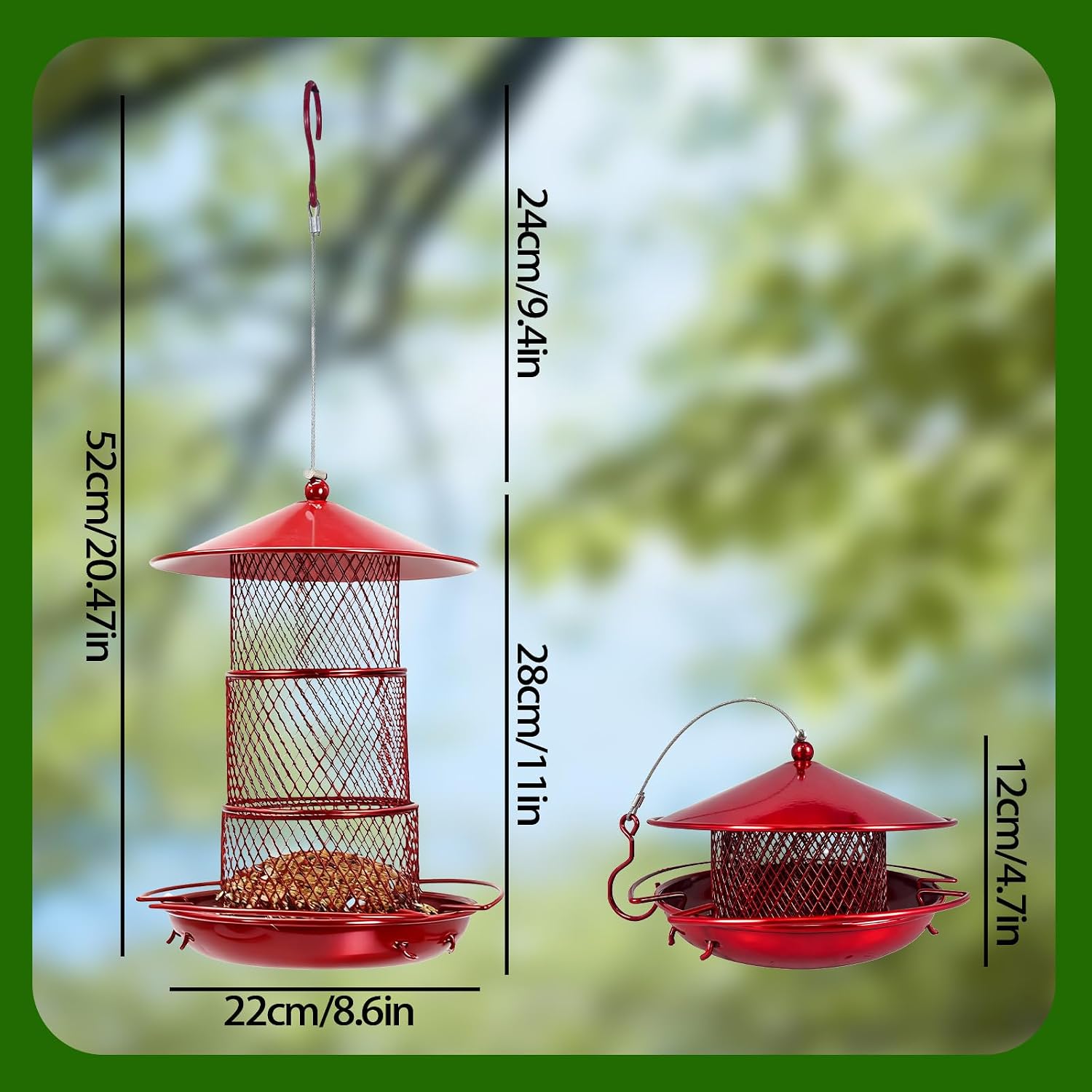 Three-Tier Metal Hanging Bird Feeder Durable and Sturdy, red Finish Large Capacity with Perch Mesh Design Features Drainage Holes (Red)