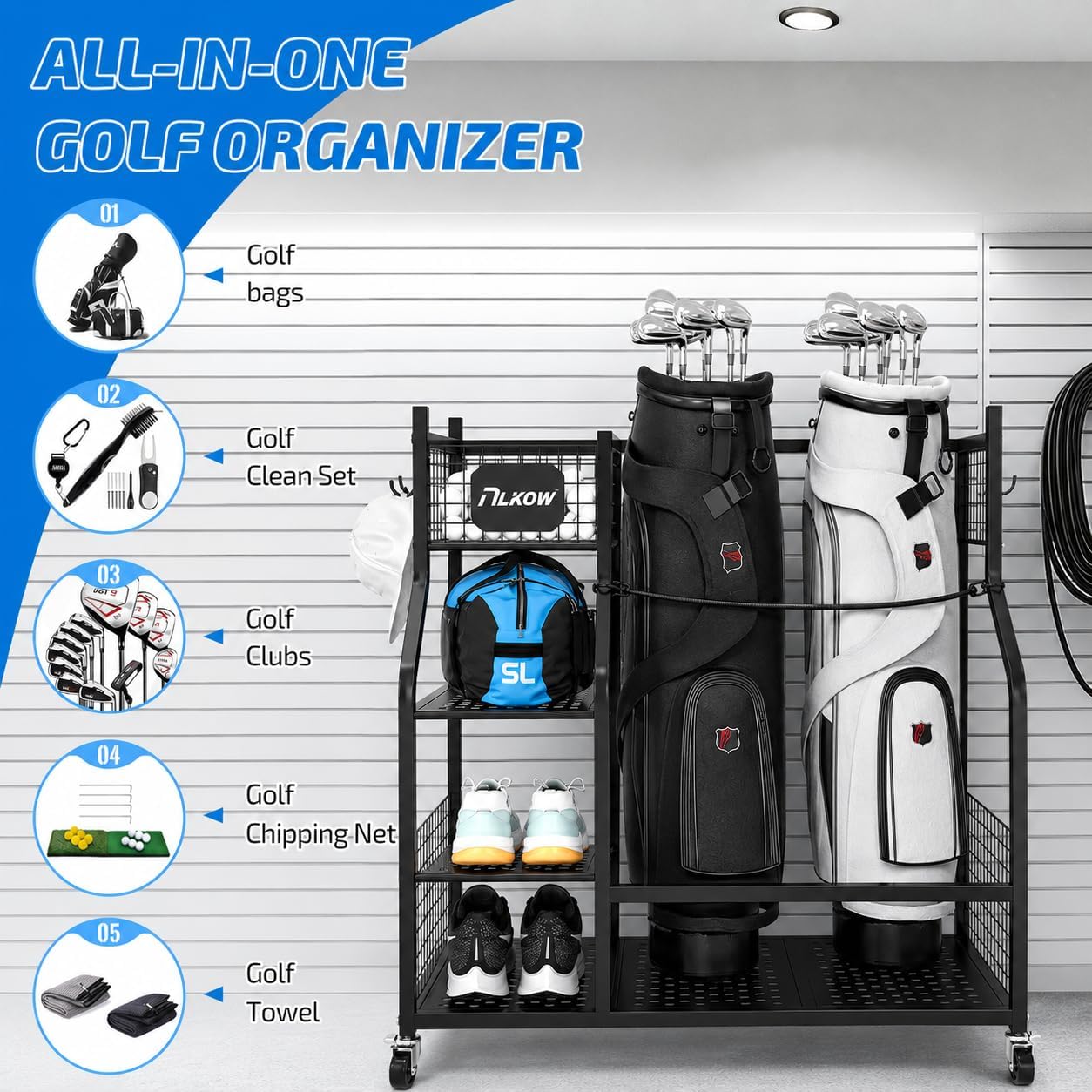 PLKOW Golf Bag Storage Garage Organizer, Extra Large Size Golf Bag Storage Stand and Golf Equipment Rack for Garage,Shed, Basement