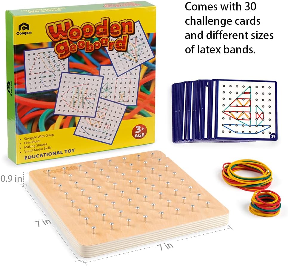Coogam Wooden Geoboard Mathematical Manipulative Material Array Block Geo Board – Graphical Educational Toys with 30Pcs Pattern Cards and Latex