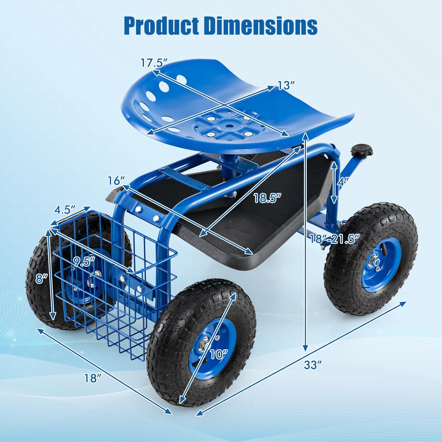 Goplus Rolling Garden Cart with Seat, Outdoor Garden Stool with Wheels, Tool Tray & Basket, Adjustable Steering Handle