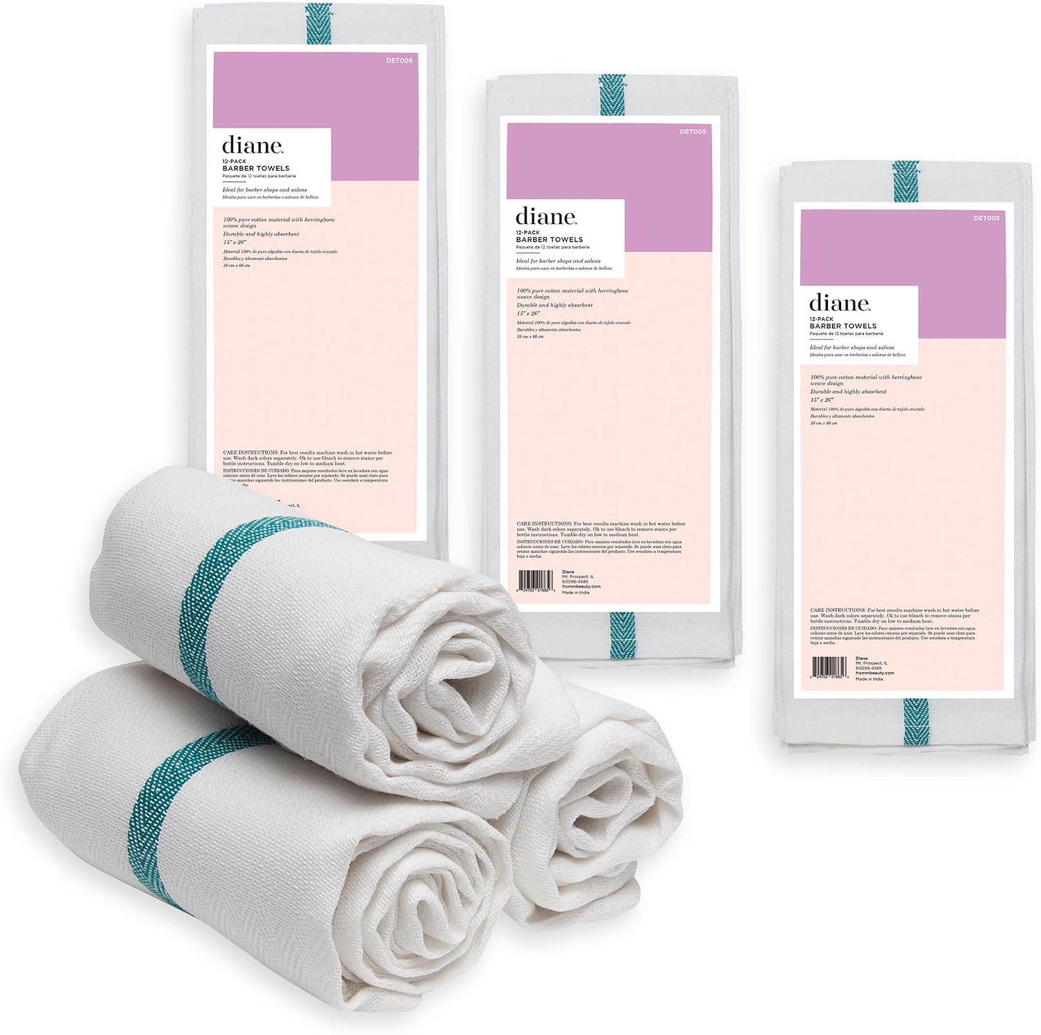 Diane 100% Cotton Barber Towels, 15"x26", Soft and Absorbent Multipurpose Towels for Salon, Spa, and Barber Shop Use, Machine Washable, White, 12 Pack