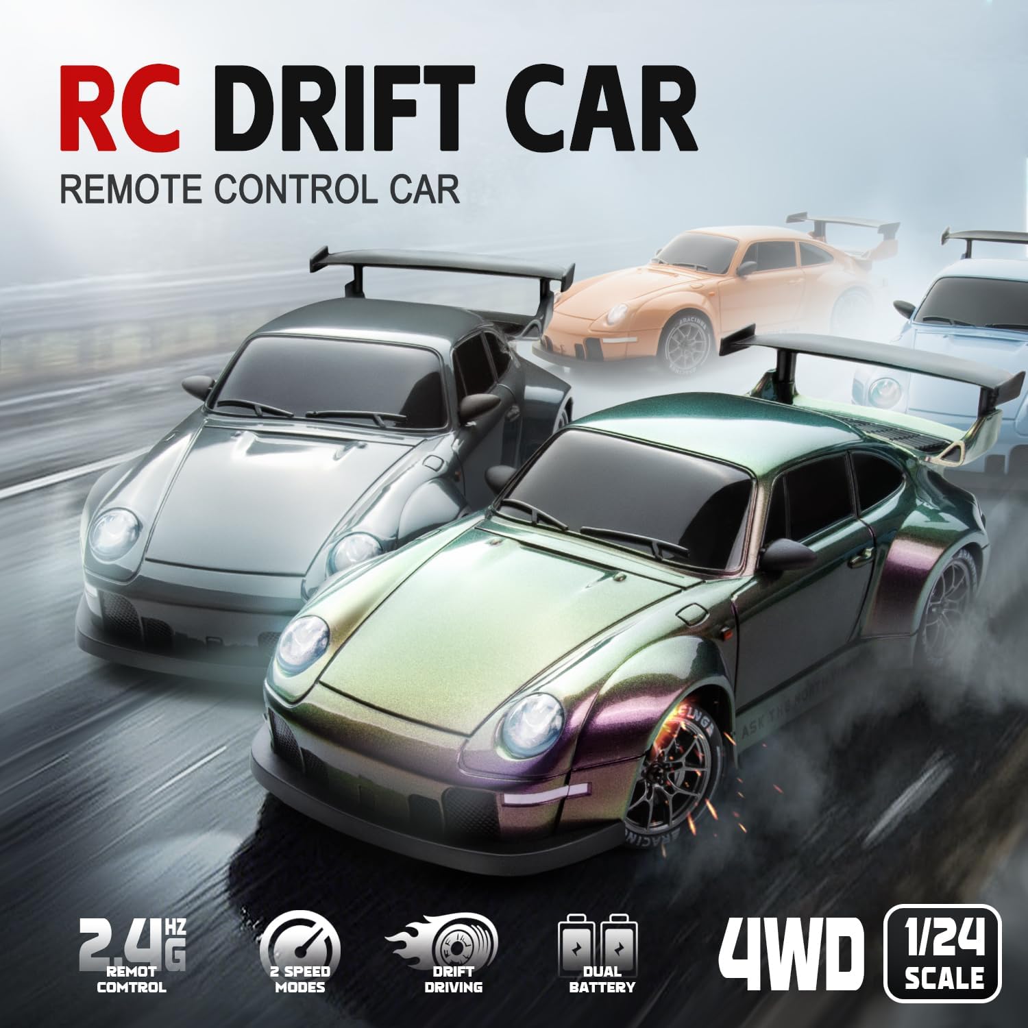 RC Drift Car Purple Racing Livery 1/24 Remote Control Car for Adult | 20KM/H 4WD Low/High Speed RC Cars with LED Lights, Extra Drifting Tires, Vehicle for Kids Boys Girls Beginners Indoor Outdoor