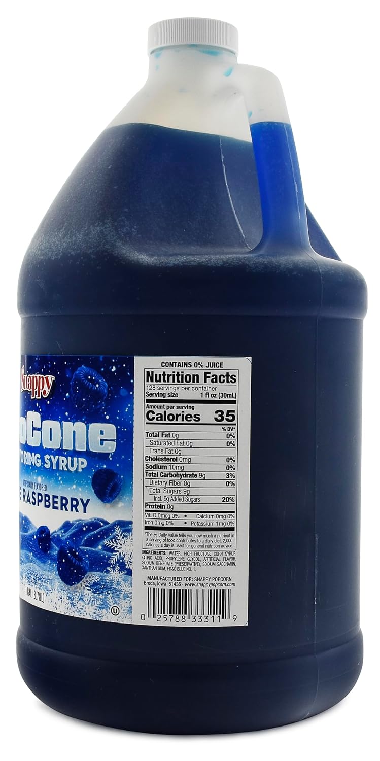 Snappy Blue Raspberry Sno Cone Syrup, 1 Gallon (128 oz), Ready to Use for Snow Cone Machines and Shaved Ice