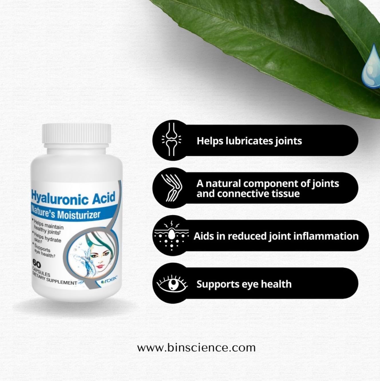 Roex Vitamins | Hyaluronic Acid | Lubricates Joints | Joint Support | Vegetable Capsules | 60 Count | Lubricates Joints, Joint Support