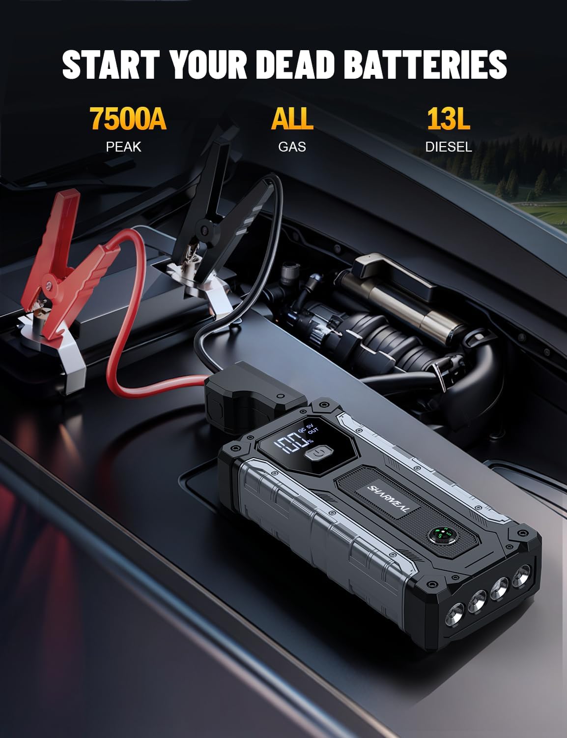 Sharmeal Car Battery Jump Starter 7000A, Jump Starter Battery Pack for All Gas and 12.0L Diesel, 12V Portable Jump Box with LED Light