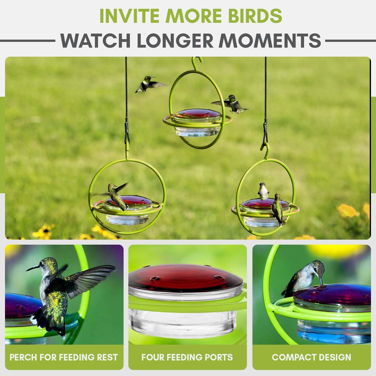Hummingbird Feeder for Outdoors Hanging, 3.4 OZ Hummingbird Feeders, Glass Bowl with 4 Feeding Ports, Leak Proof Lid & Circular Perch, Bird Feeder (1, Red)