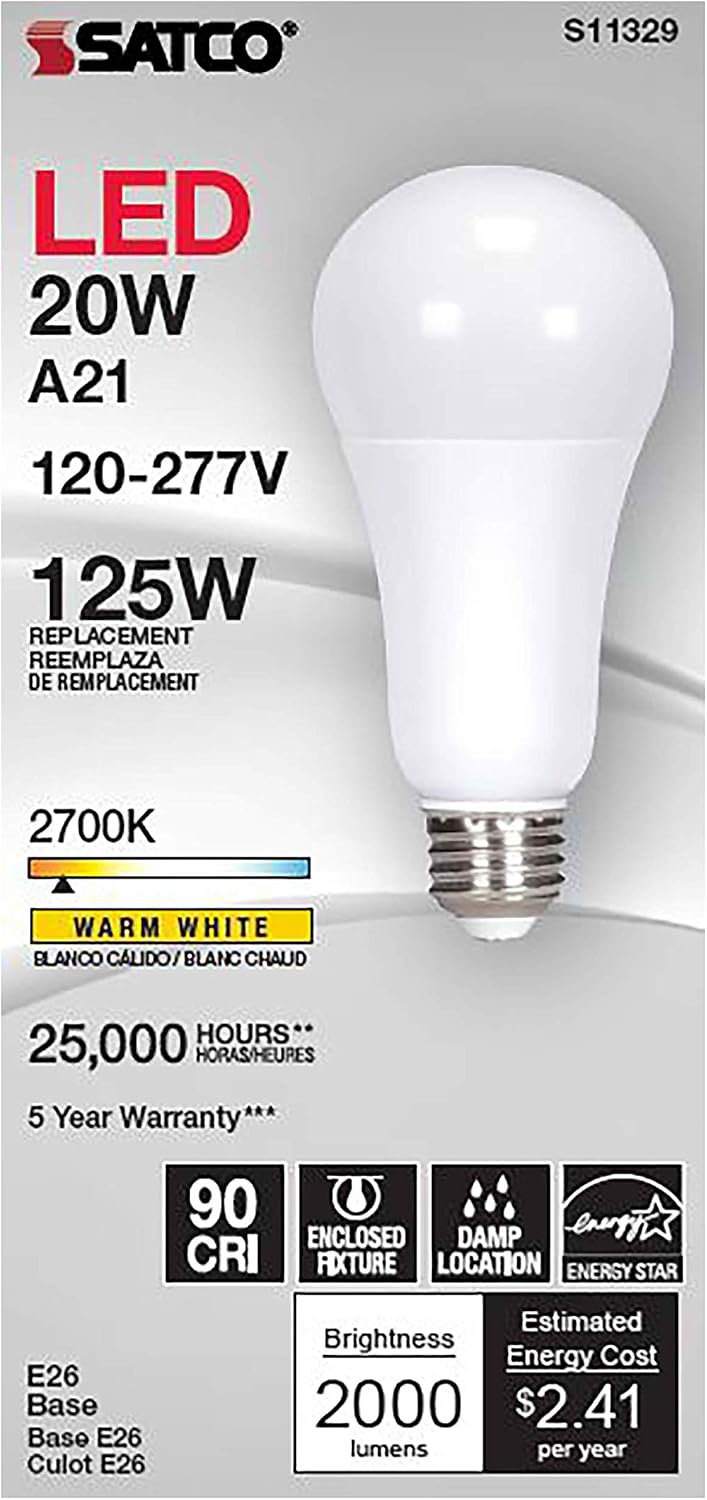 Satco S11332 LED A21 Lamp, 5000K, 220 deg. Beam Angle , White