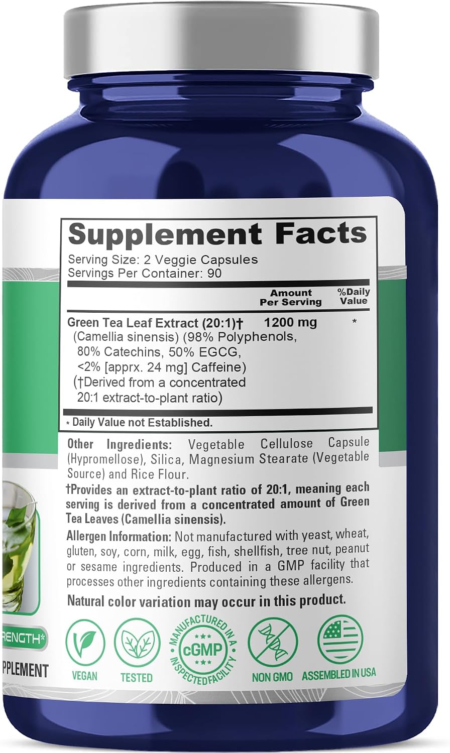 NusaPure Green Tea, 1200 mg, Non GMO, Vegan, 180 Veggie Caps - 90 Servings | Camellia Sinensis 20:1 Extract, Supports Nutritional Supplementation