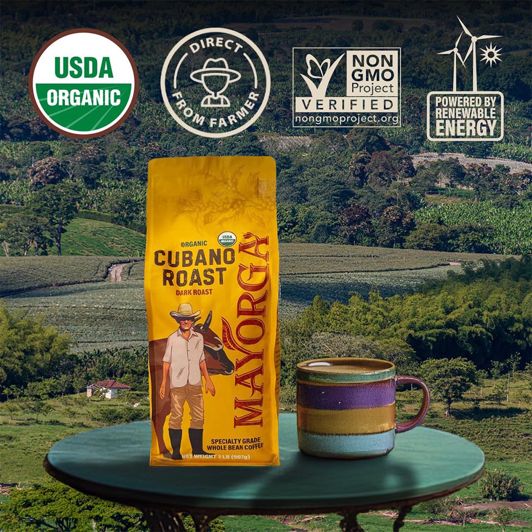 Mayorga Organic Coffee 12oz Cafe Cubano Roast - Dark Roast Whole Bean Coffee Specialty Grade, 100% Arabica, Slow Roasted, Bold and Smooth Flavor with Low Acidity - USDA Organic, Non-GMO, Kosher,