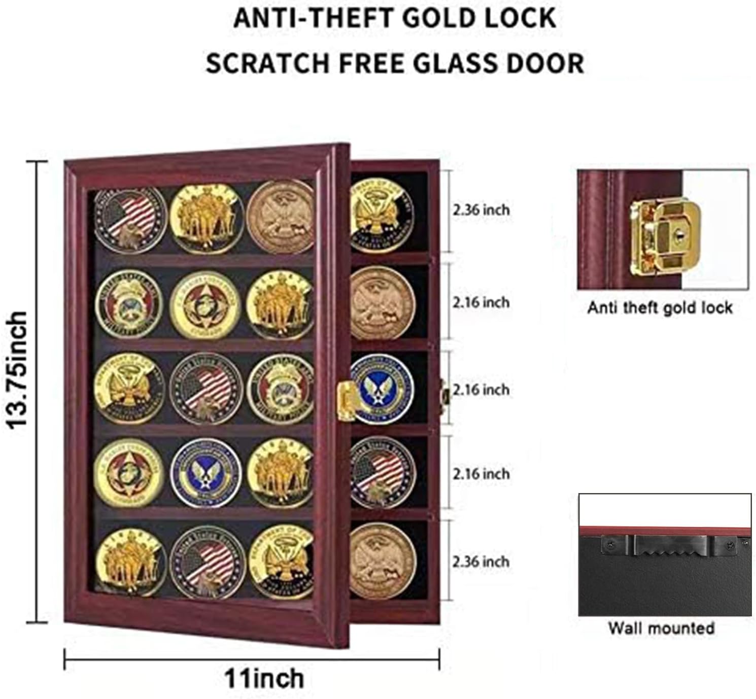 Jinchuan Military Challenge Coin Display Case Lockable Cabinet Rack Holder Shadow Box with Removable 2 Grooves Shelves and Anti Dust Door for Casino