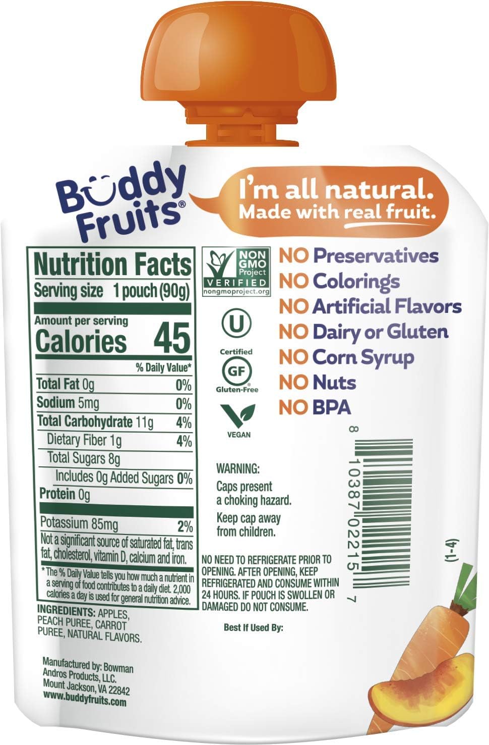 Buddy Fruits Snacks To Go Multifruit Unsweetened Applesauce 3.2oz Pouch (18pk) Gluten-Nut-Dairy-Preservatives-BPA Free, Non GMO, Kosher