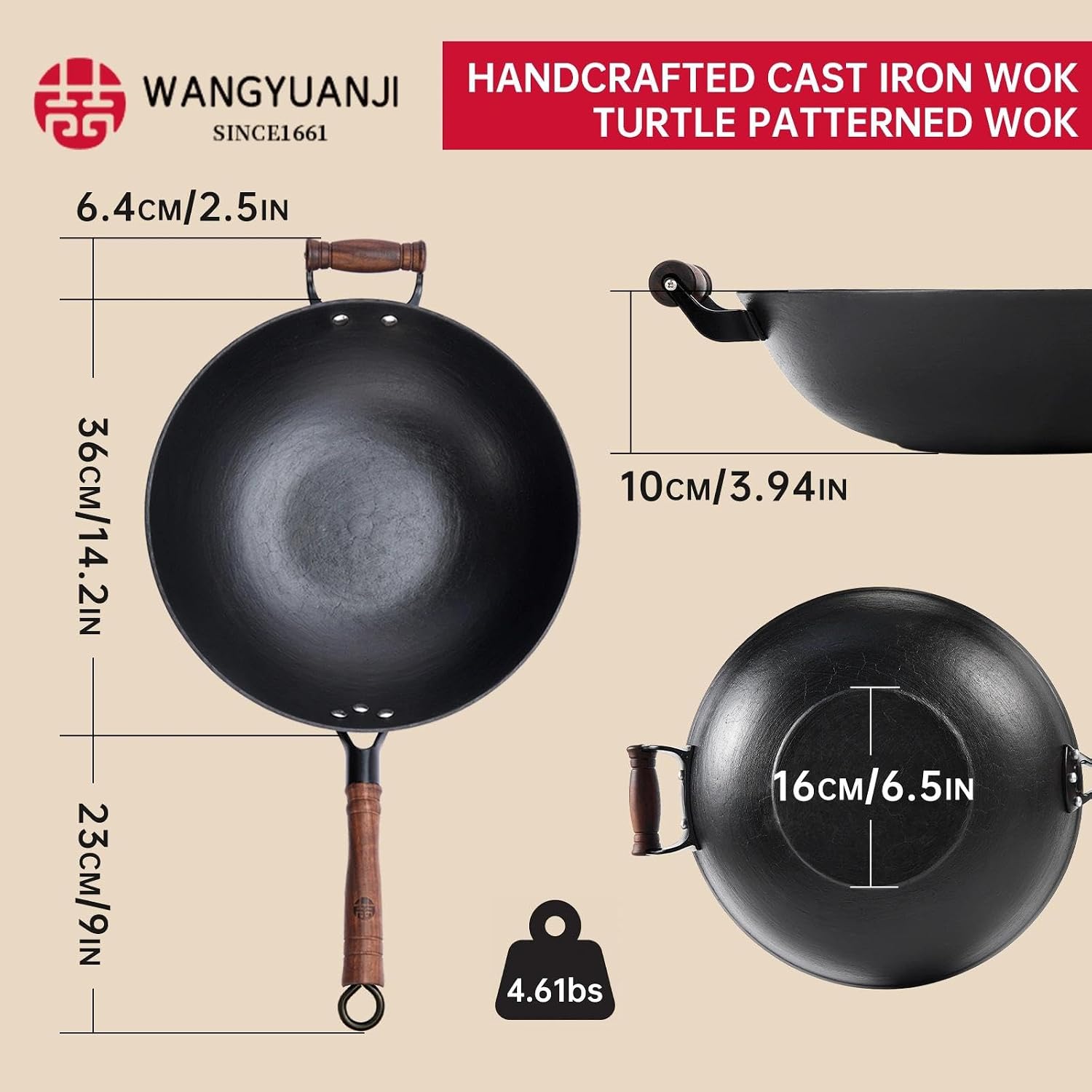 WANGYUANJI 12.6 Inch Cast Iron Wok with Wooden Lid, Handcrafted Flat Bottom Chinese Stir Fry Pan, Uncoated Heavy-Duty Iron Wok for Induction, Gas