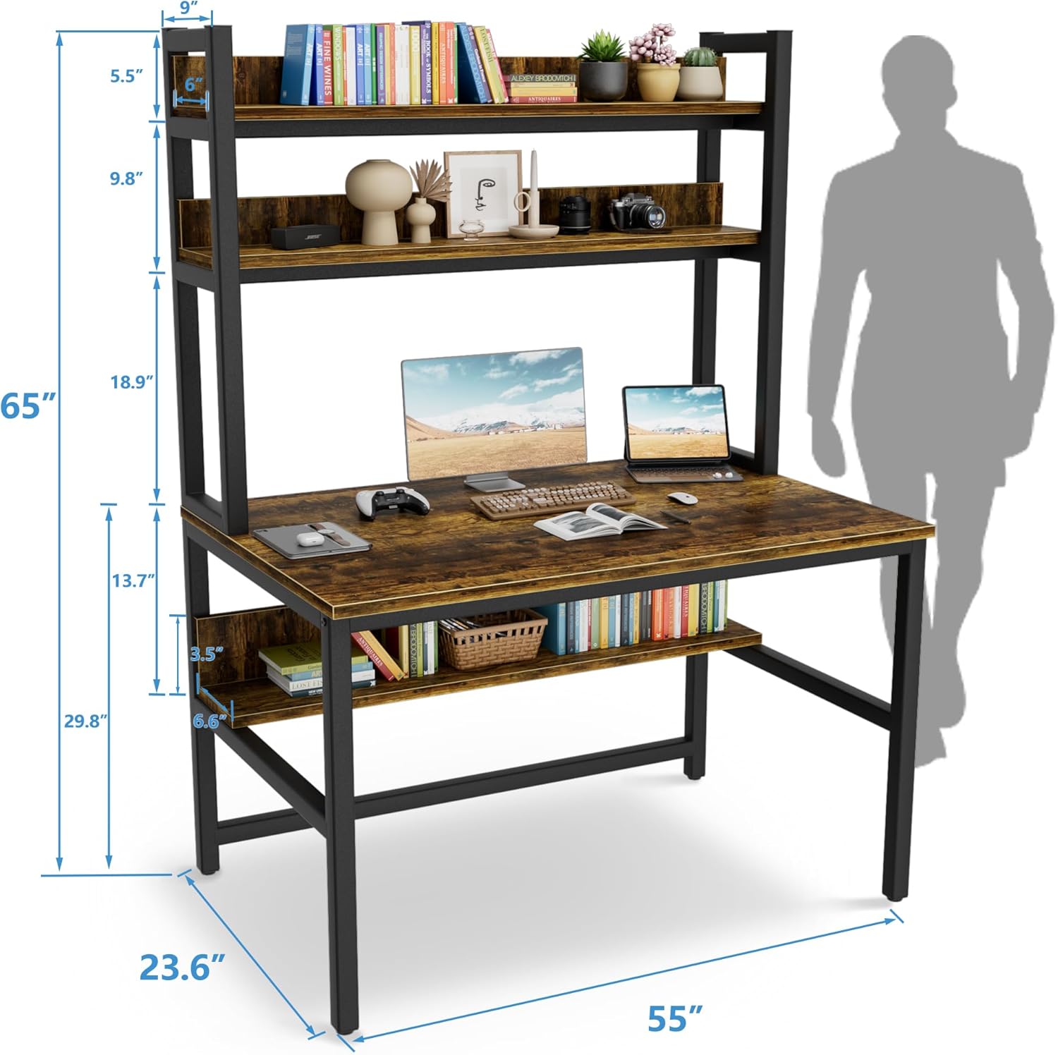 Aquzee Computer Desk with Shelves, 47" W x 23.6" D Gaming Desk with Hutch and Bookshelf