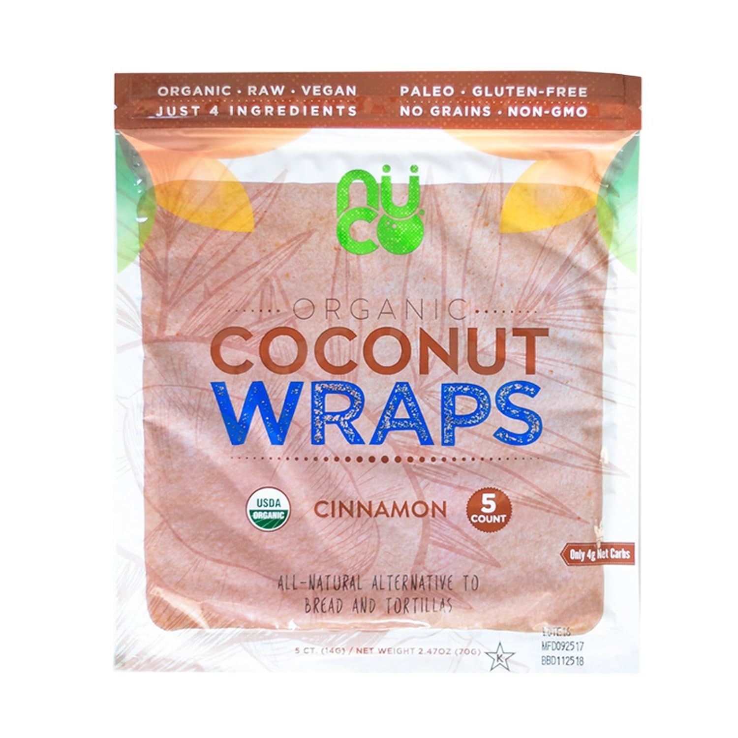 NUCO Organic Coconut Wraps, Cinnamon - Gluten Free, Low Carb, Vegan, 5 Ct | Paleo, Non-GMO, Dairy-free, Kosher, No Salt Added, Yeast-free