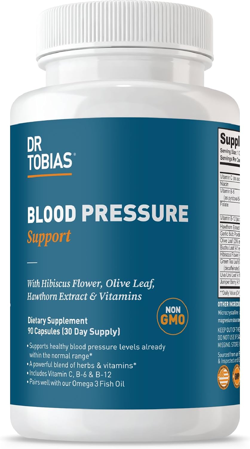 Dr. Tobias Blood Pressure Support Supplement 90 Capsules | Circulatory & Heart Health Support | Hawthorn + Hibiscus + Olive Leaf + Garlic | Vitamins