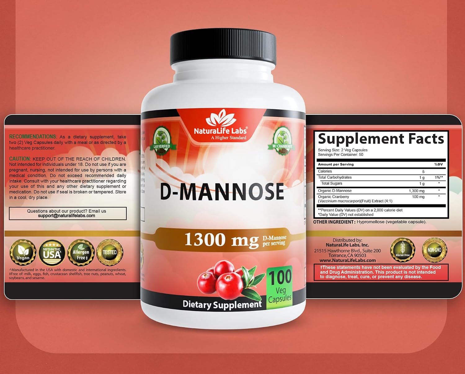 NaturaLife Labs Organic D-Mannose 1300mg + Organic Cranberry Extract 100mg per Serving – Urinary Tract Support – Non-GMO, Gluten-Free & Vegan – 100 Capsules