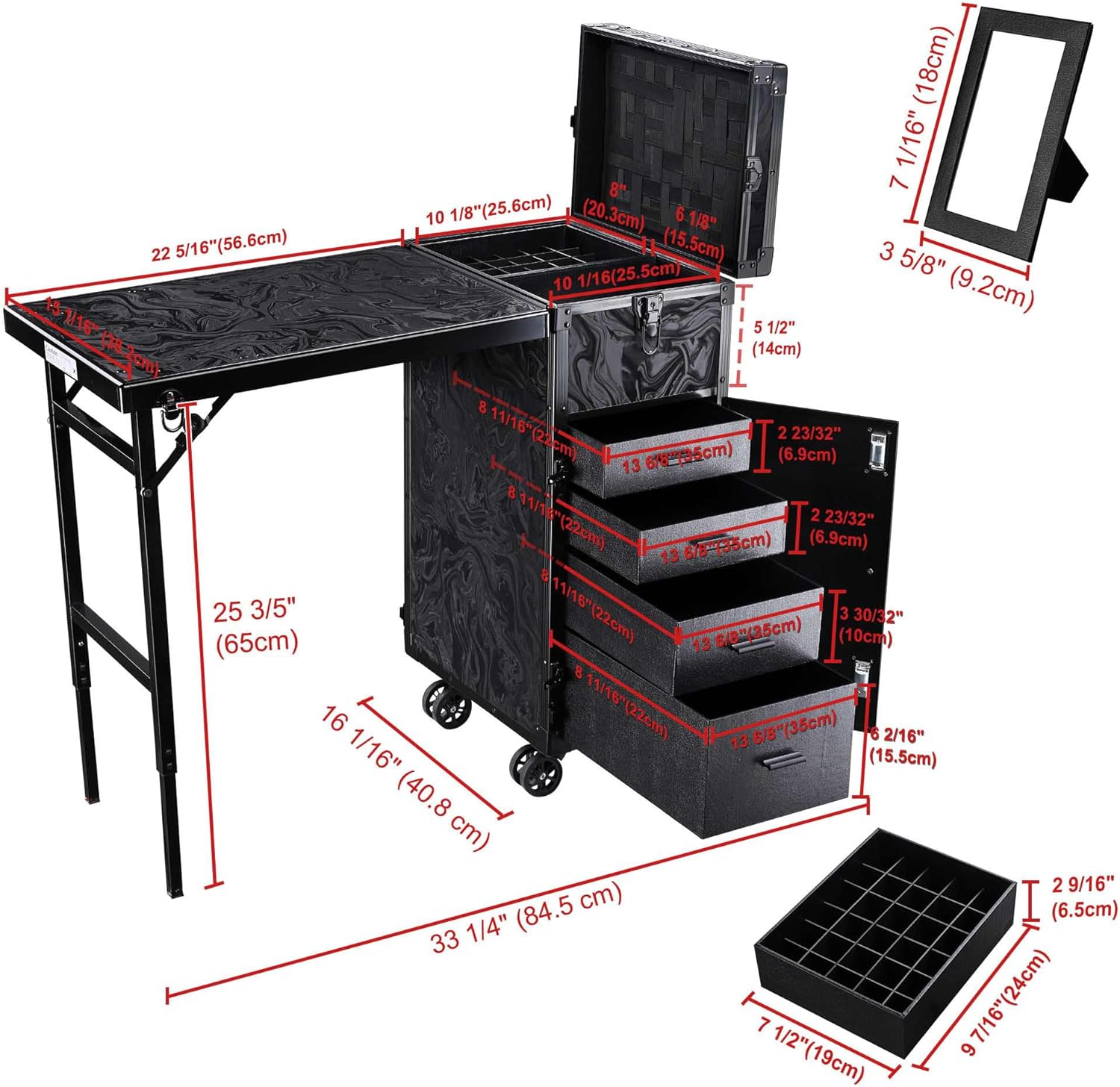 BYOOTIQUE Portable Nail Desk with 4 Storage Drawer Rolling Manicure Table