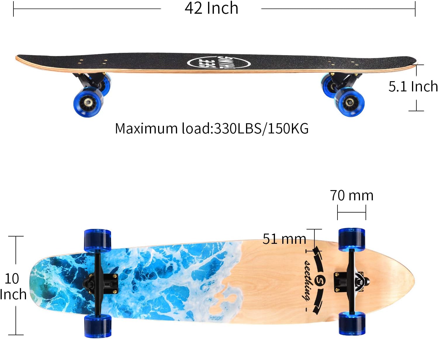 seething 42 Inch Longboard Skateboard Complete Cruiser Pintail, The Original Artisan Maple Skateboard Cruiser Pintail for Cruising, Carving