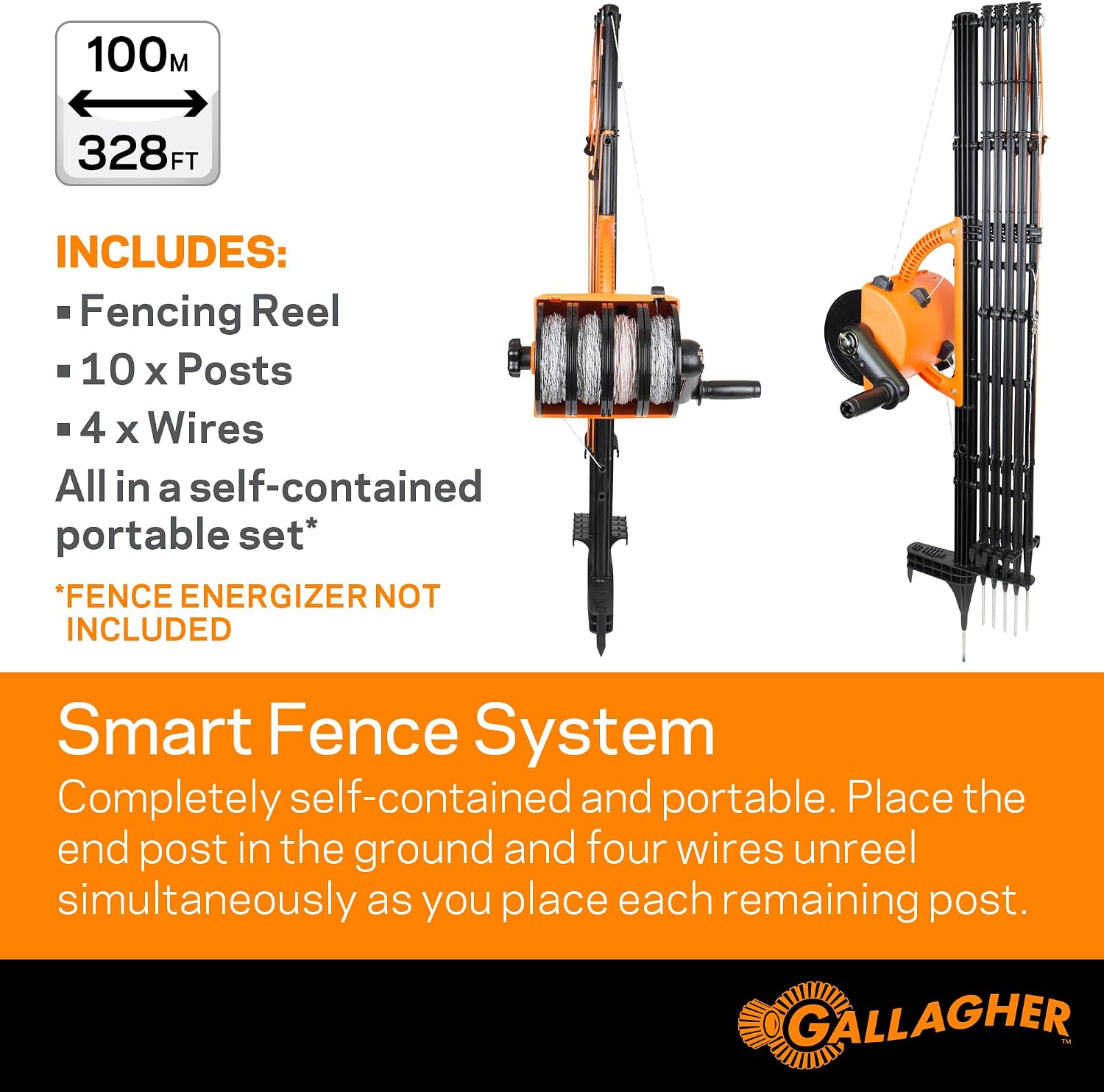 Gallagher Smart Fence 2 Portable Electric Fence for Livestock | 328ft of 4-Strand Electric Fencing, Built-In Posts and Reels