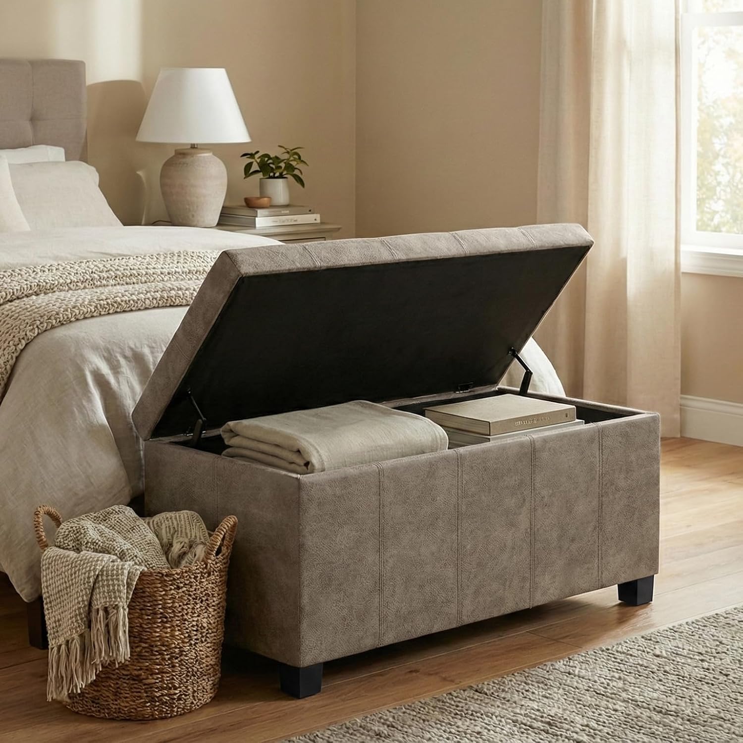 SIMPLIHOME Dover 36" Wide Vegan Leather Storage Ottoman in Midnight Black | Distressed umber brown, contemporary ottoman with lift-top and safety hinges; rectangle storage bench for living room.