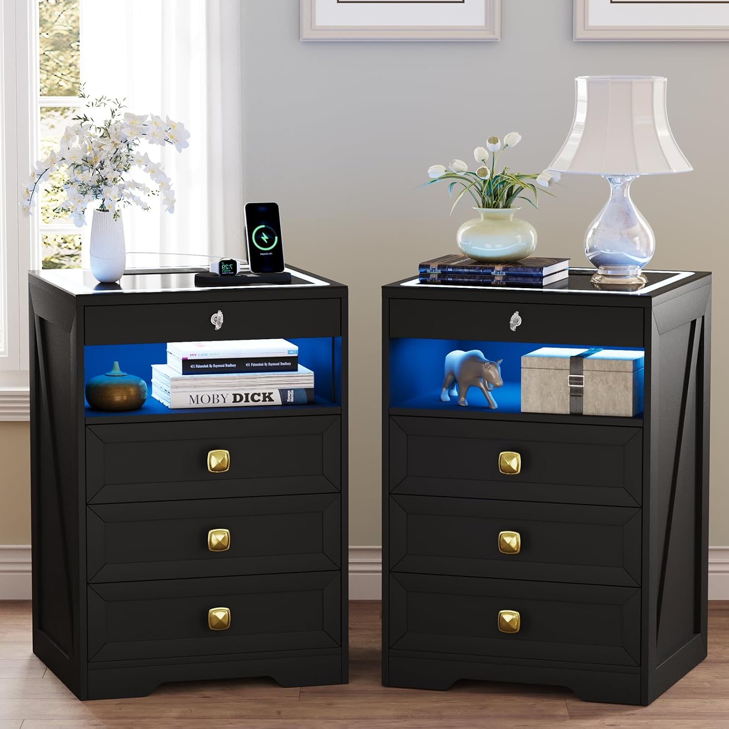 Smart LED Nightstand with Lockable Gun Drawer & Glass Top（Black） | Modern Bedside Table with Charging Station and Hidden Storage, LED Night Stand with 4 Drawers & Motion Sensor for Bedroom